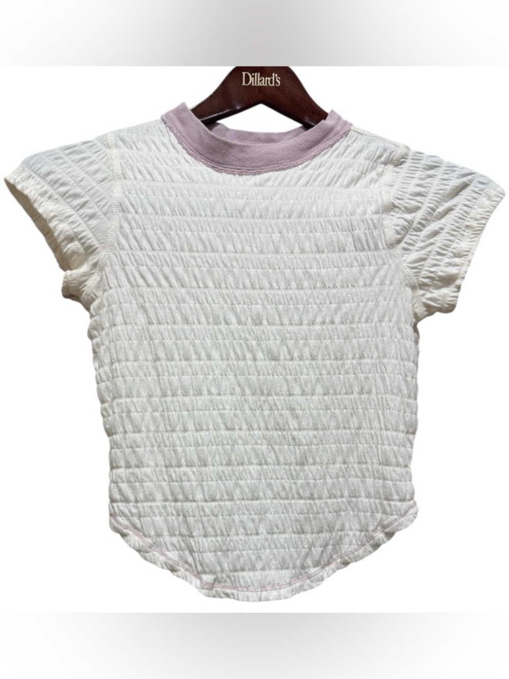 Free People Smocked Baby Tee Womens XS White Lavender Contrast Stitch Texture